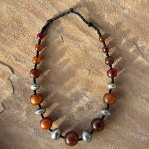 Vintage Tribal Style Amber Resin & Silver Tone Bead Necklace 24” 116g State